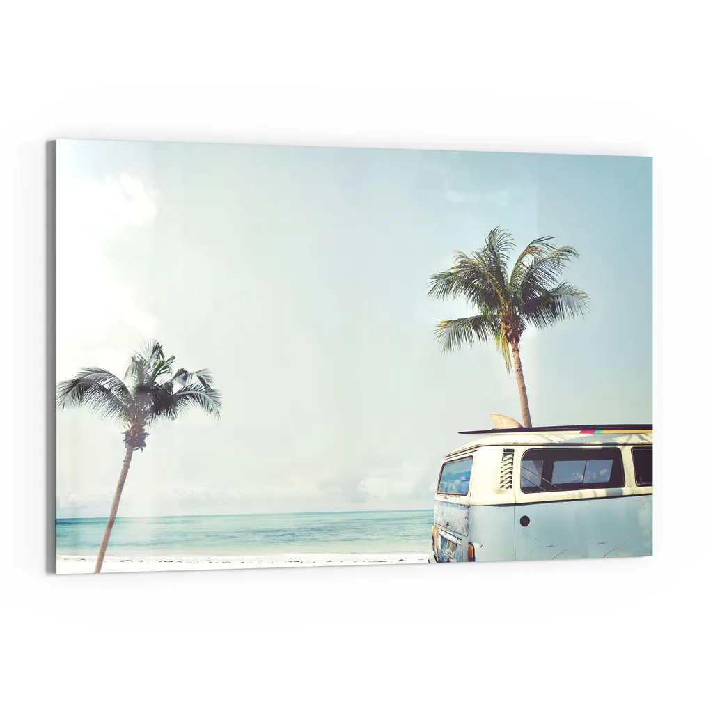 DEQORI Magnettafel Glas 60x40 cm 'Surfer-Bulli am Strand' beschreibbar Whiteboard